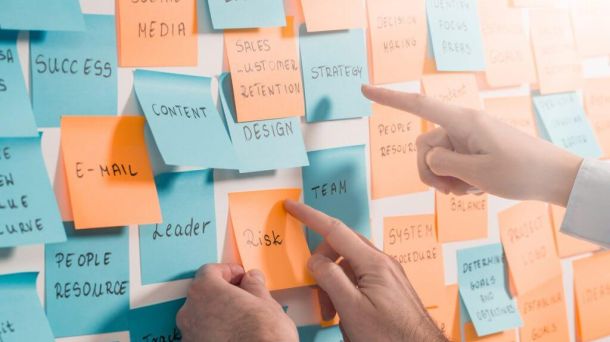 Haende bringen Klebezettel an. Führen mit Teamzielen.